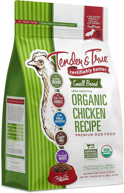 Tender & True organic chicken recipe dog food packaging on a white background
