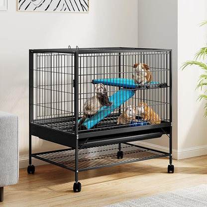 DWVO 2-Tiers Small Animal Cage with Wheels, Indoor Cage for Ferrets, Chinchillas, Guinea Pigs, Large Hamsters, Rabbits, Hedgehogs