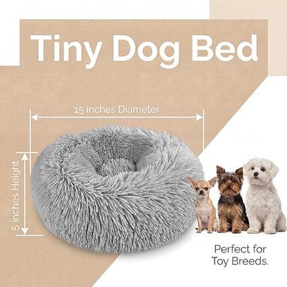Tiny Dog Bed 15 Inch for Extra Small Dogs,Washable Puppy Bed,Soft Faux Fur Calming Donut Bed for Chihuahua Yorkie Maltese Pomeranian,Grey
