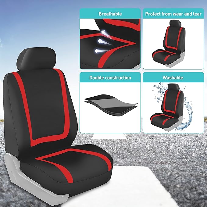 FH Group Car Seat Covers for Low Back Seats, Universal Fit Cloth, Red - Front Set, Removable Headrest, Washable, Automotive Seat Covers for SUV, Sedan, Van