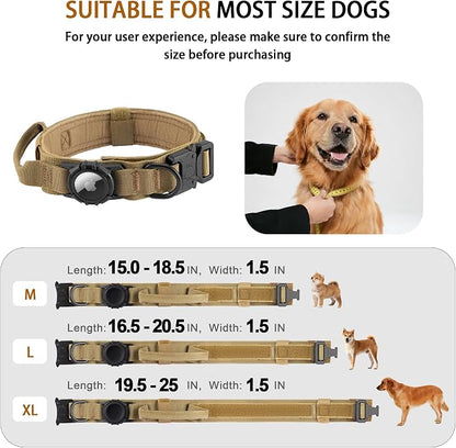 Tactical AirTag Dog Collar - Heavy Duty, Adjustable GPS Collar | Compatible with Apple AirTag, with Holder & Control Handle for Medium/Large Dogs [ Brown, M ]