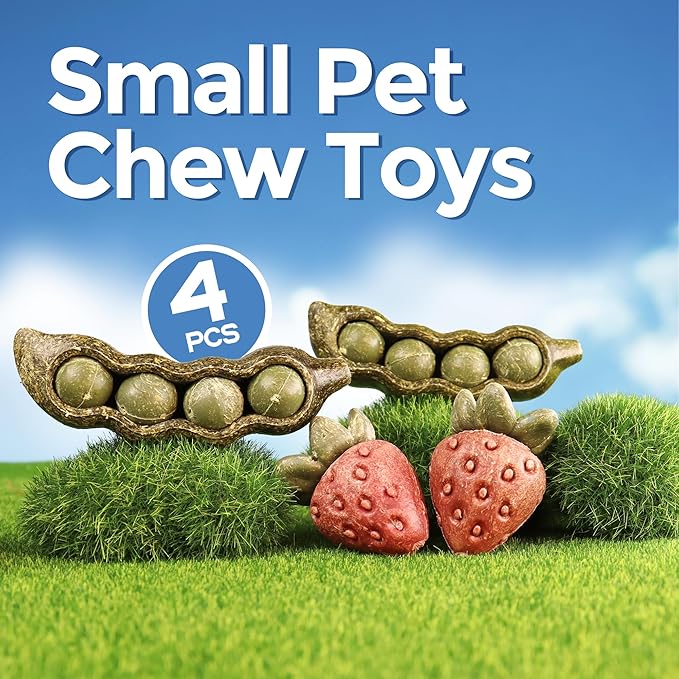 TEEWY 4PCS Guinea Pig Toys, Prevent Teeth Overgrowth, Natural Vegetables and Timothy Grass, Hamster Chew Toys, Guinea Pig Chew Toys, Chinchilla Toys, Peapod and Stawberry Chew Toy Set