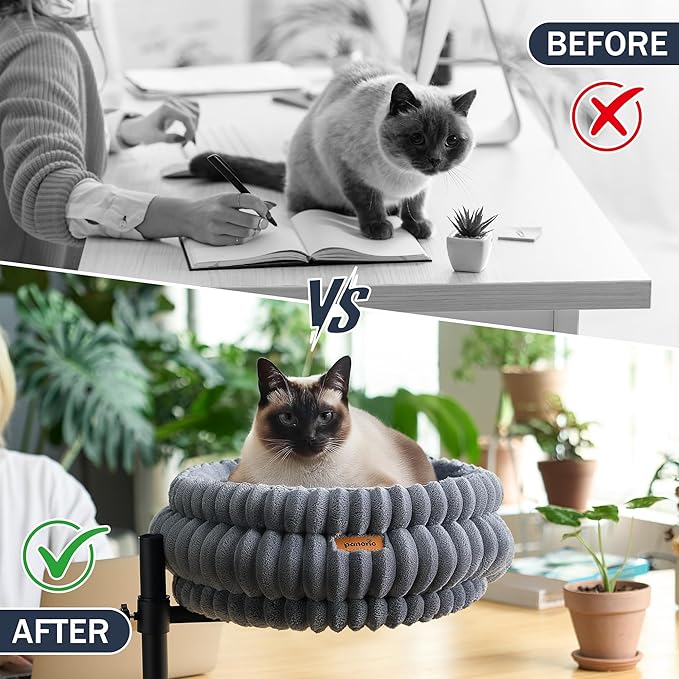 Cat Desk Bed, Desk-Mounted Cat's Perch with 360° Rotation & Adjustable Height, Supports Up to 40LBS, Desktop/Flat Surface Use, Cozy Elevated Kitten Hammock/Nest for Indoor Cats & Home Office