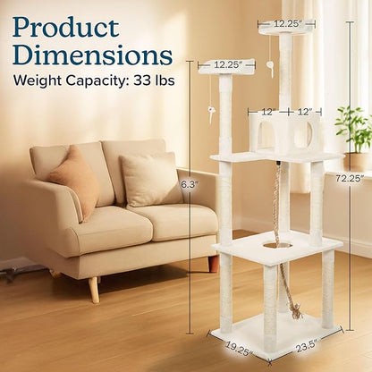 Cat Tree - 6-Foot Cat Tower for Indoor Cats with Napping Perches, Kitty Condo, 9 Cat Scratching Posts, 2 Hanging Toys, and Rope by PETMAKER (Ivory)