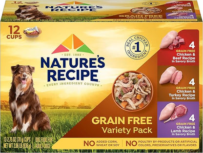 Nature's Recipe Grain Free Wet Dog Food Variety Pack, Chicken Recipes with Beef, Turkey & Lamb in Savory Broth, 2.75 oz. Cups (Pack of 48)
