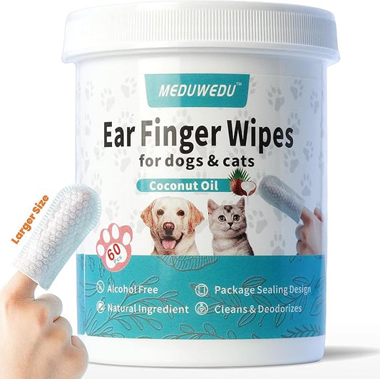 MEDUWEDU Wider Ear Cleaner Finger Wipes 60 Counts, Dog Ear Cleaner, Grooming Kit Care for Dogs and Cats,Otic Cleaning Pads, Remove Wax, Dirt & Stop Smelly, Itchy, Non-Irritating, Coconut Scent