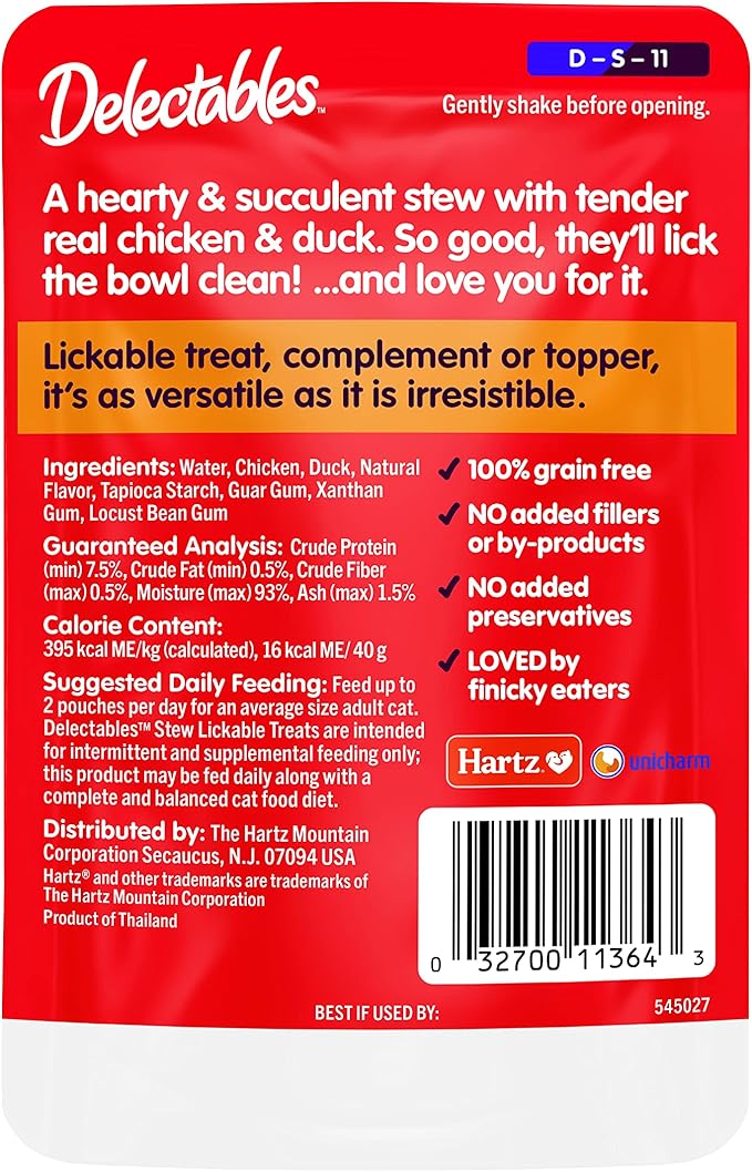 Delectables Lickable Treat Stew Non-Seafood Wet Cat Treat with Real Chicken & Duck, Food Topper, Hydrating, Grain-Free, No Fillers, No By-Products, No Added Preservatives, 1.4oz Pouch, 12ct