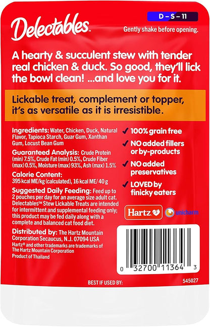 Delectables Lickable Treat Stew Non-Seafood Wet Cat Treat with Real Chicken & Duck, Food Topper, Hydrating, Grain-Free, No Fillers, No By-Products, No Added Preservatives, 1.4oz Pouch, 12ct