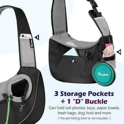 Pawaboo Hand Free Dog Sling Carrier, Breathable Mesh Bag for Pet Puppy Cat, Drawstring Dog Papoose with Adjustable Strap and Pocket, Crossbody Dogs Purse for Travel Outdoor, M, Black