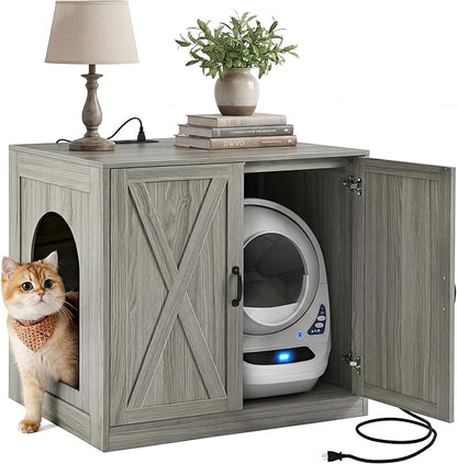 YITAHOME Large Hidden Litter Box Furniture with Power Outlets, Wooden Cat Litter Box Enclosure for Self-Cleaning Litter Boxes, Indoor Wooden Storage Cat Cabinet, Wash Grey