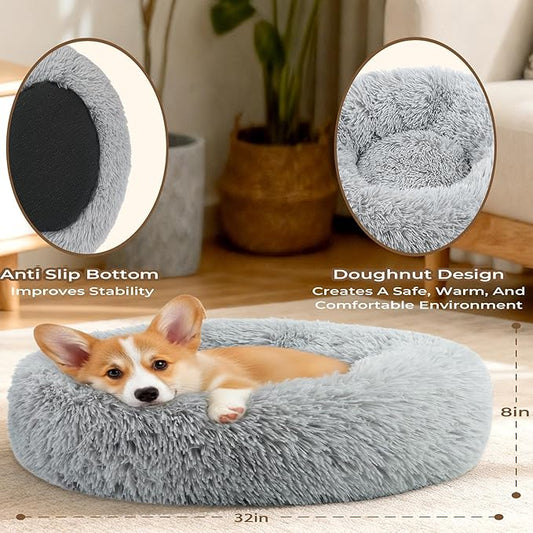 Calming Anti-Anxiety Donuts Dog and Cat Bed for Indoor Cats, Round Fluffy Soft Washable Extra Large Pet Bed for Puppy and Kitten, Warming Comfortable Luxury Anti-Slip Waterproof Mute Base 32in Gray