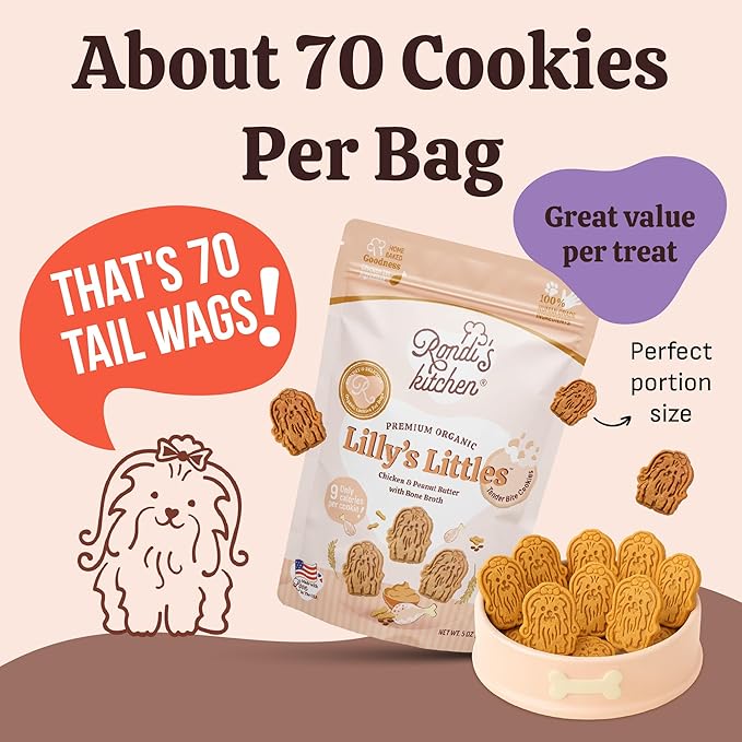 Rondi's Kitchen Lilly's Littles Organic Tender Dog Treats - Natural Doggie Cookie for Small Dogs, Puppy, Senior, Training - Human Grade Superfood Biscuit with Bone Broth - Chicken & Peanut Butter