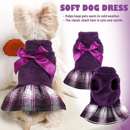 Yikeyo Fuzzy Dog Plaid Sweater Dress, Fall Winter Warm Female Dog Clothes for Small Dogs Girl, Pet Outfit, Cat Apparel (XSmall, Purple)