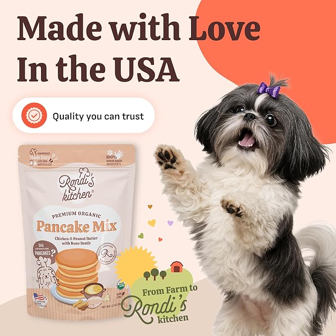 Rondi's Kitchen Organic Dog Pancake Mix - Natural Healthy Treat for All Dogs - Superfood Snack Made with Human-Grade Ingredients - Makes About 38 Pancakes - Chicken & Peanut Butter with Bone Broth