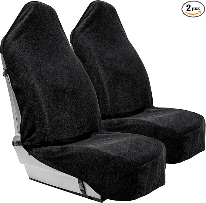 Season Guard Terry Cloth Sweat Towel Seat Cover; Carseat Towel Protector; Great for Gym Workout; Waterproof; Universal Fit for Car SUV Van Truck; EZ fit; Non Slip Grip; Machine Washable; 2pc Black