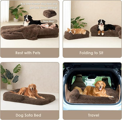 EHEYCIGA Foldable XXL Dog Bed for Large Sized Dog, 54"x38"x7.5" Faux Fur Fluffy Pet Couch Bed, Orthopedic Calming Memory Foam Big Pet Bed, Washable Pet Sofa Bed with Non-Slip Bottom, Brown