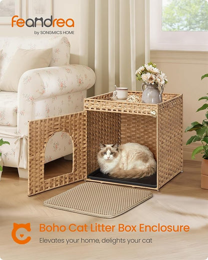 Feandrea Cat Litter Box Enclosure, Handwoven Rattan Hidden Litter Box Furniture with Extra Mat, Removable Washable Tray, Boho Cat House, End Table, Goose Yellow UPCL024YE01