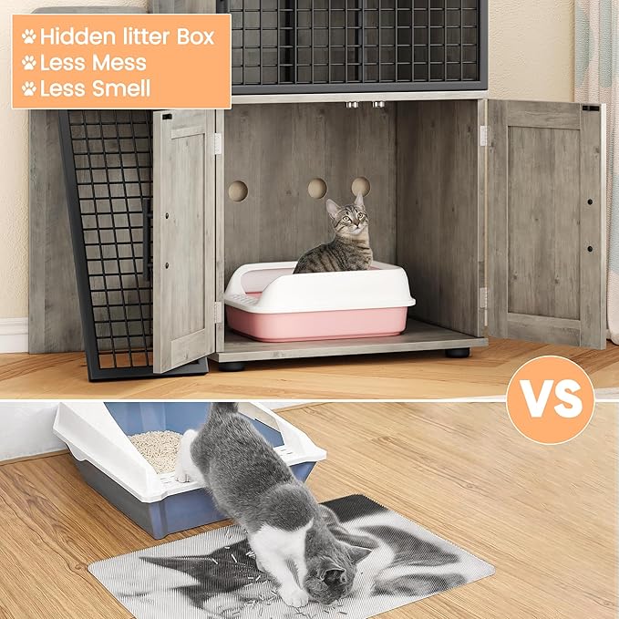 IDEALHOUSE Modern Cat Litter Box Enclosure with Platform, Double Layer Hidden Litter Box, Indoor Washroom, Villa Cat House with Ladder, 33.5" l x 17.9" w x 41.9" h,Grey