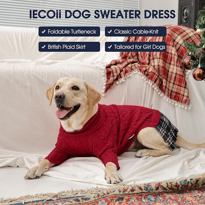 IECOii Girl XXXL Dog Sweater Dress, Girl Dog Sweaters for Extra Large Dogs Turleneck, Red,XXXLarge, Thermal Warm Knitwear with Leash Hole, Adorable Cable Knit Sweater for Christmas & Thanksgiving