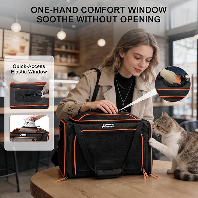 Cat Carrier, Airline Approved Dog Carrier with Top and Side Expansion, 360° Ventilation Soft-Sided Cat Carrier with Safety Leash, Foldable Travel Carrier for Small Cats and Dogs,Black