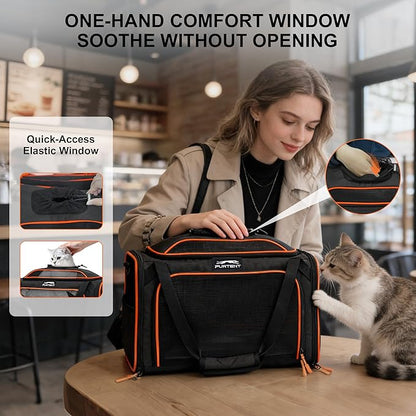 Cat Carrier, Airline Approved Dog Carrier with Top and Side Expansion, 360° Ventilation Soft-Sided Cat Carrier with Safety Leash, Foldable Travel Carrier for Small Cats and Dogs,Black