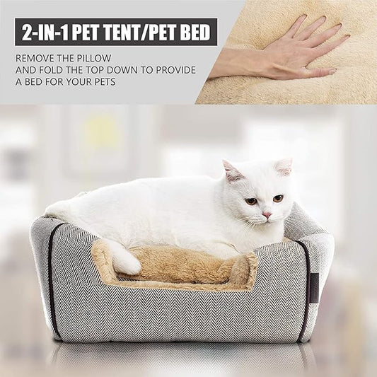 WINDRACING Cat Bed - Cat Cave House Tent with Washable Cushioned Pillow, Soft Kitten Beds, Pet Furniture (Large, Beige)