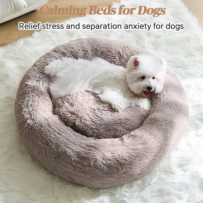 Calming Small Dog Bed, Donut Fluffy Anti-Anxiety Round Washable Cute Bed, Plush Cozy Cuddler Warming Soft Comfort Pet Bed for Small Medium Dogs Cats, 28inch,Brown