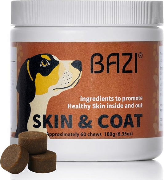 BAZI Skin & Coat Dog Chews – Collagen, Omega-3, EPA & DHA for Skin Health & Coat Shine – Antioxidant-Rich Supplement with Vitamin A & D3 – Supports Brain, Energy, and Balanced Blood Sugar