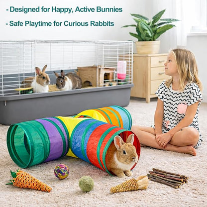 Mechpia Rabbit Toys, Bunny Tunnels and Tubes with Chew Toys for Grinding Teeth Apple Sticks Bamboo Carrot Loofah and Grass Ball for Rabbit Guinea Pig Chinchilla Ferret Rat
