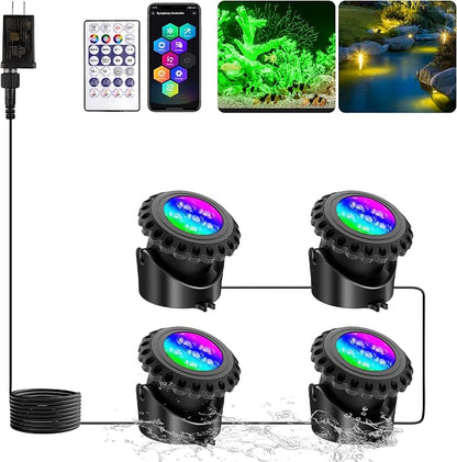 T-SUN Colored Underwater Pond Lights with APP & Remote Control 4 Pack | IP68 Waterproof Submersible Fountain Lights, Dimmable Timer Pond Lights Led Underwater for Outdoor Pond Fish Aquarium Garden
