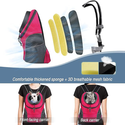 WOYYHO Pet Dog Carrier Backpack Small Dog Front Backpack Ventilated Dog Carrier Back Pack with Storage Pockets, Adjustable Straps & Safety Belt for Travel Hiking Outdoor (Size M: 5-9 lbs, Rose)