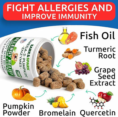 BARK&SPARK Dog Allergy Relief Soft Chews for Skin Health & Seasonal Allergies - Anti-Itch Supplement w/Omega-3, Quercetin & Bromelain Immune Treats for Dry Skin & Hot Spots - Chicken Liver - 180ct