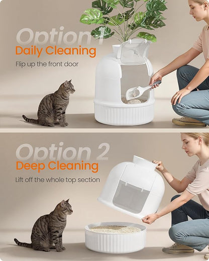 Feandrea Plant Cat Litter Box Enclosure with Artificial Plant, Enclosed Hidden Litter Box Furniture with Door, Carbon Filter, Odor Control, Pebbles, Scoop, Brush, Cloud White UPPT006W101