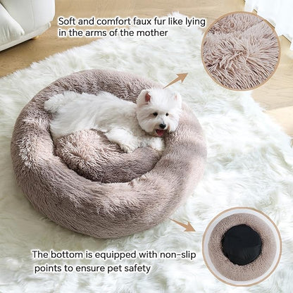Calming Small Dog Bed, Donut Fluffy Anti-Anxiety Round Washable Cute Bed, Plush Cozy Cuddler Warming Soft Comfort Pet Bed for Small Medium Dogs Cats, 28inch,Brown