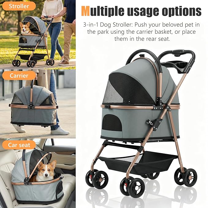 pet Stroller with Removable Carrier cat Dog Stroller with Aluminum Alloy Frame and 900D Oxford Fabric, Featuring one-Touch Folding,Includes rain Cover,for Travel, Walking,Shopping (Grey)