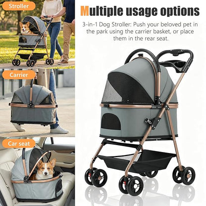 pet Stroller with Removable Carrier cat Dog Stroller with Aluminum Alloy Frame and 900D Oxford Fabric, Featuring one-Touch Folding,Includes rain Cover,for Travel, Walking,Shopping (Grey)