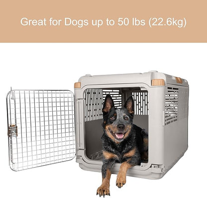 SportPet Designs Collapsible Medium Pet Travel Carrier (Tan), Hard-Sided Kennel for Medium Dogs, Puppies, Cats, Kittens, Animals up to 50lbs, Washable Home & Outdoor Pet Crate, 30.6"L x 22"W x 23.25"H