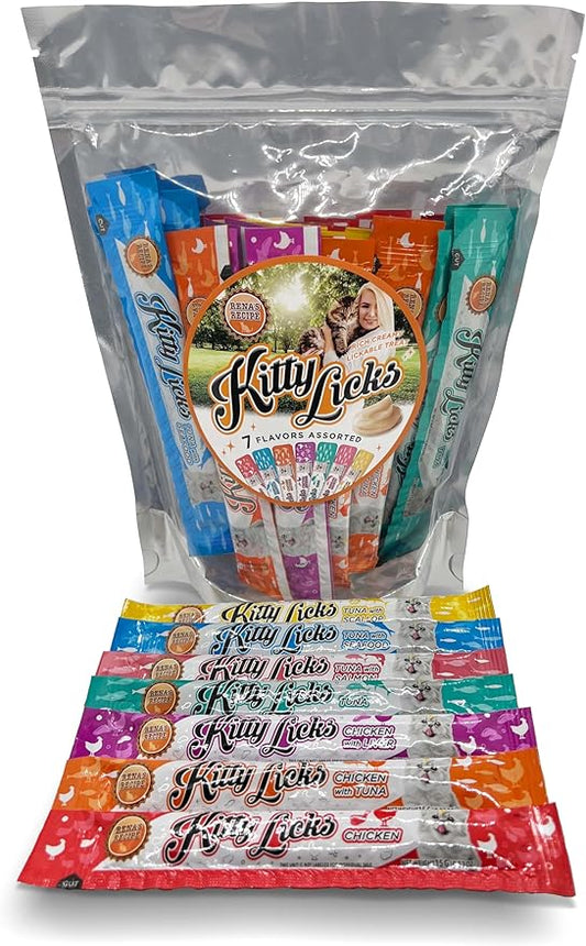 Rena's Recipe Kitty Licks Lickable Cat Treats Variety Pack 28 Tubes Creamy Cat Treat Purée 7 Flavors Tuna Chicken Grain Free Cat Squeeze Treats