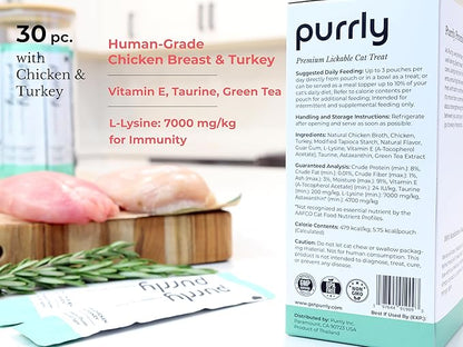 Purrly Low Calorie Premium Lickable Cat Treat Topper Healthy Chicken Variety Bundle (90 Count) Human-Grade Protein with Functional Nutrients Wet Squeeze Creamy Purée Grain-Free Non-GMO Low-Phosphorus