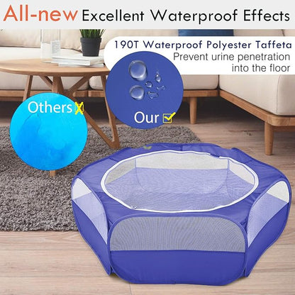 Pawaboo Small Animals Playpen, Waterproof Small Pet Cage Tent with Zippered Cover, Portable Outdoor Yard Fence with 3 Metal Rod for Chick/Kitten/Puppy/Guinea Pig/Rabbits/Hamster/Chinchillas,Indigo