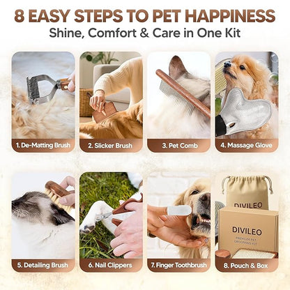 Premium Waterproof Pet Grooming Kit for Dogs & Cats – Wooden Handle Slicker Brush, Deshedding Comb & Nail Clipper – Professional Dog Grooming Supplies Set with Canvas Pouch | USA Brand