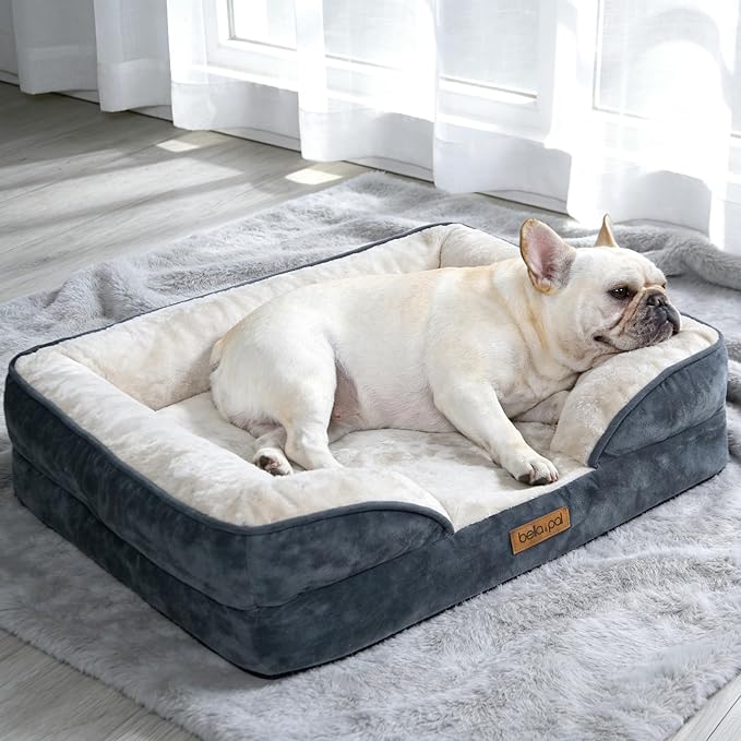 BELLA & PAL Orthopedic Dog Sofa Bed for Medium/Large Dogs – No Assembly Needed, Egg-Crate Foam Dog Couch with Waterproof Liner, Washable Removable Cover, Non-Slip, 28x23x6.5Inch, Grey