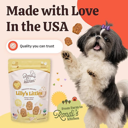 Rondi's Kitchen Lilly's Littles Organic Tender Dog Treats - Natural Doggie Cookie for Small Dogs, Puppy, Senior, Training - Human Grade Superfood Biscuit with Bone Broth - Chicken & Banana