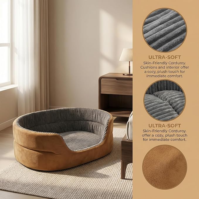 Large Dog Bed Cat Bed 20x30 Inch, Calming Pet Bed for Medium Dogs & Large Cats, Half-Enclosed Open-Top Velvet Anti-Anxiety Bed, Machine Washable Cozy Snuggle Bed (Camel)
