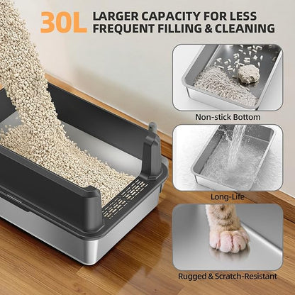 WoofiGo Enclosed Stainless Steel Cat Litter Box with Lid, XL Extra Large Litter Box for Big Cats, Metal Litter Pan High Sided, Never Absorbs Odors, Anti-Urine Leakage, Include Scoop (65-Darkgray)