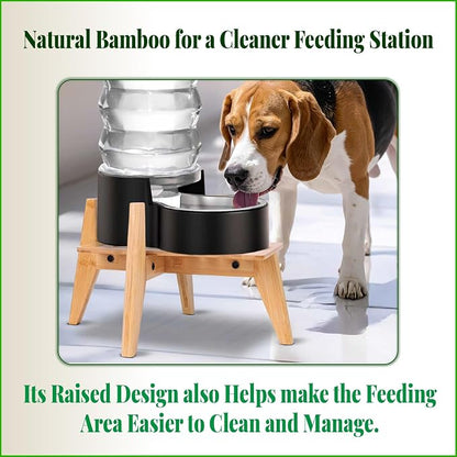 Dog Water and Food Dispenser Stand for Medium Dogs - Adjustable, Bamboo | Use to Elevate, Raise, Hold Gravity or Automatic Food Feeders and Water Bowl Dispensers - Medium