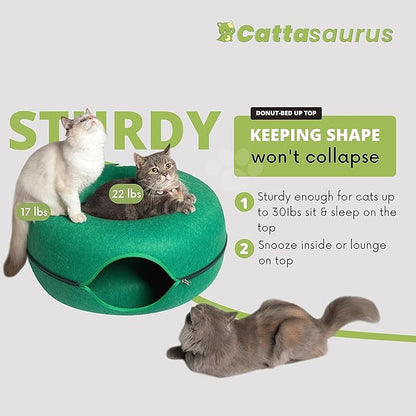 Cattasaurus Peekaboo Cat Cave Donut for Multiple & Large Cats up to 30-45 lbs, 3-in-1 Self Warming Cat Bed, Tunnel & Scratcher for Indoor Cats, Washable & Detachable Dog Bed (Forest Green, Large)