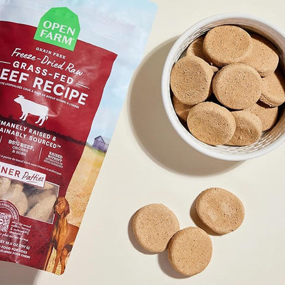 Open Farm, Freeze Dried Raw Dog Food, Patties with 95% Meat, Organs & Bone, Complete Meal or Freeze Dried Dog Food Mixer, Grass-Fed Beef Recipe, 10.5oz Bag