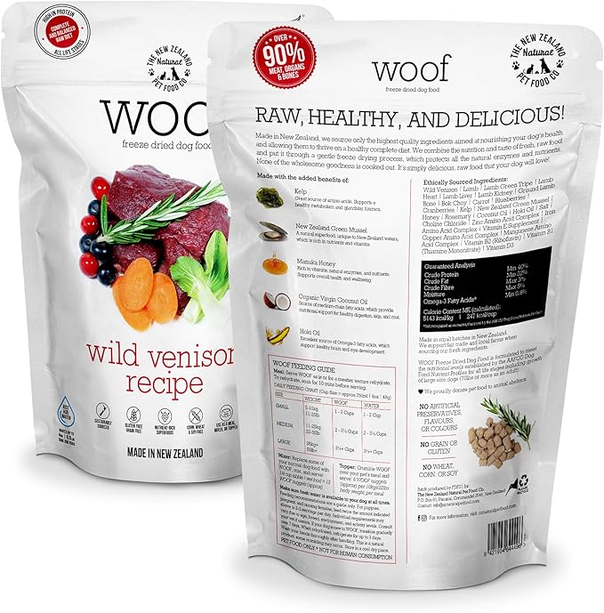 The New Zealand Natural Pet Food Co. WOOF Freeze Dried Dog Food - Wild Venison Recipe,High Protein Dog Food Toppers, Freeze Dried Meals & Treats,2.2 lb