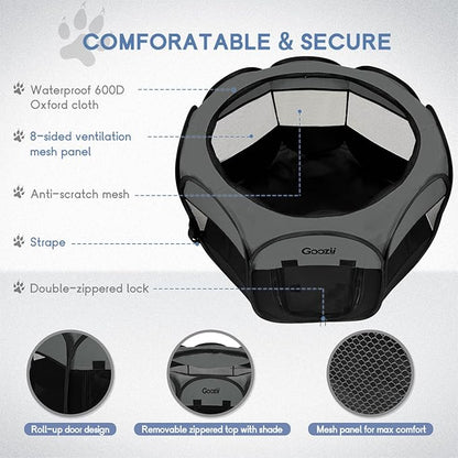 Goozii Portable Dog Playpen for Large Dogs, Collapsible Puppy Pet Cat Playpen with Zipper Top Cover (Large Size, Grey-Black)